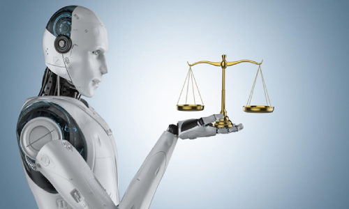 Robot holding balance scale