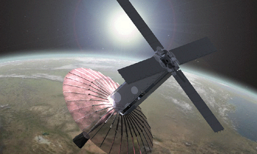 Render of deployed satellite around Earth with Sun in the background