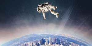 Astronaut floating Above LA in Space