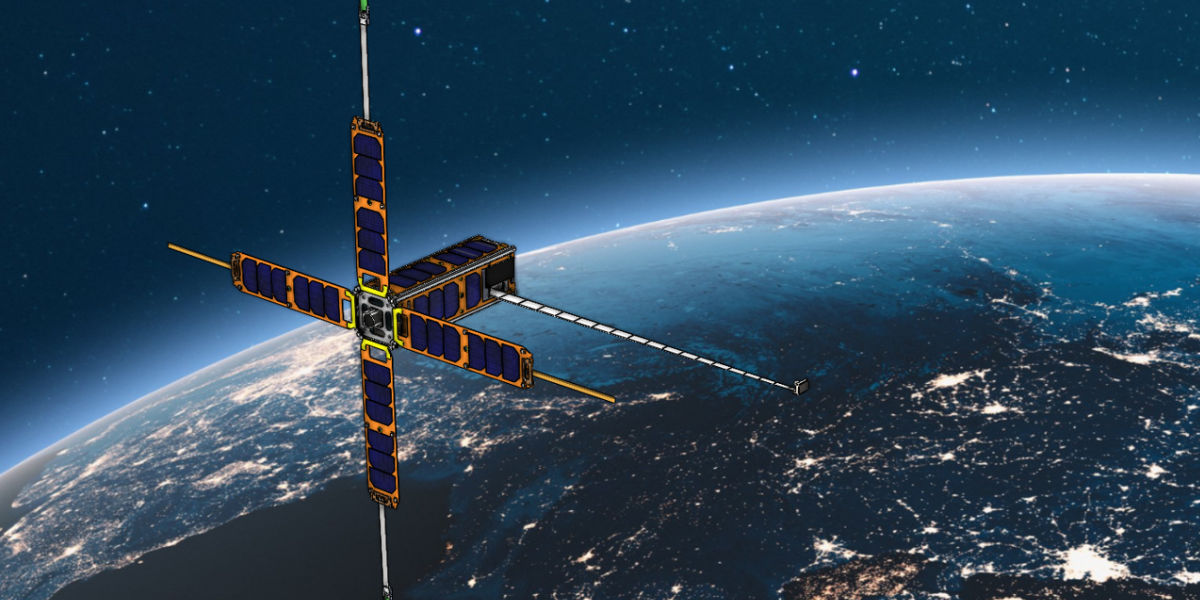 Render of deployed satellite orbiting around Earth