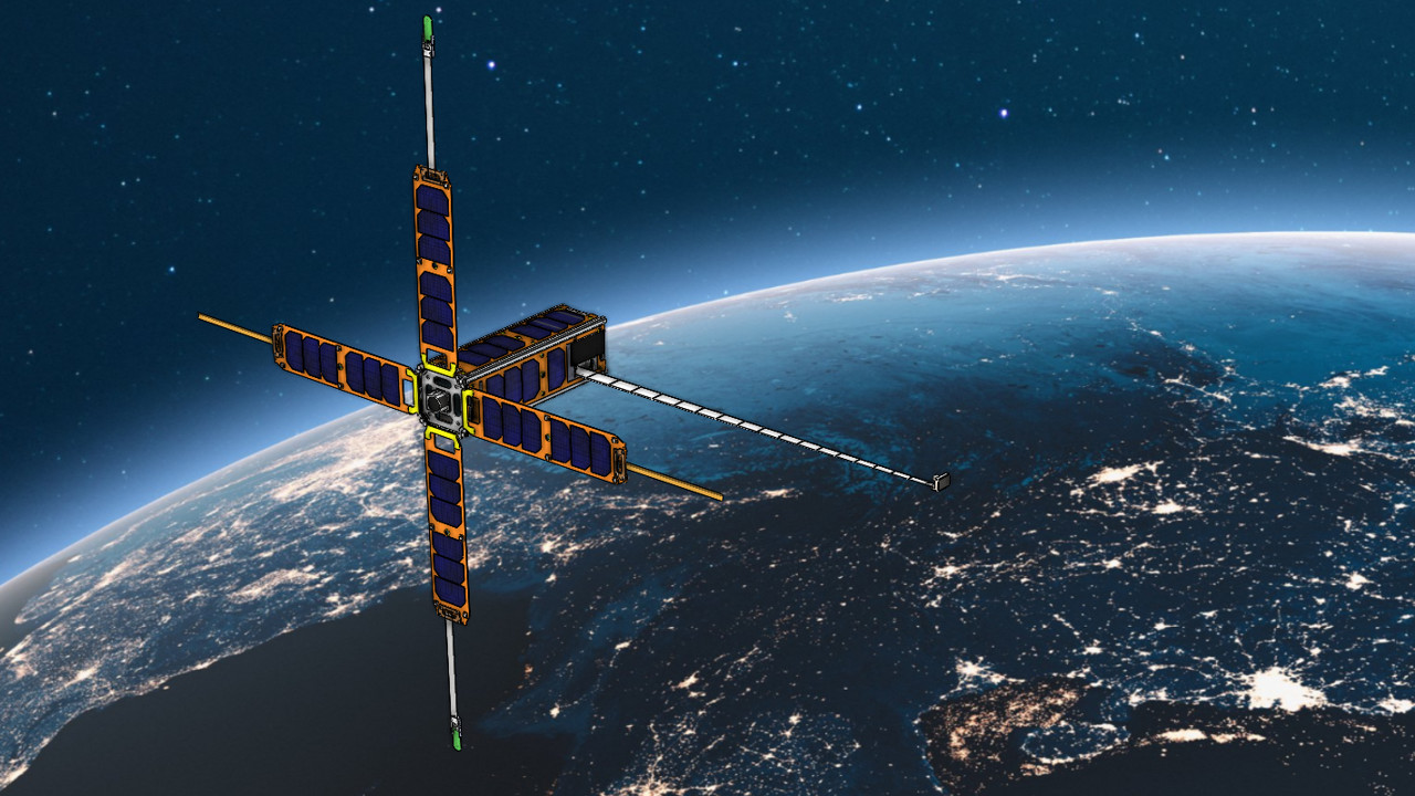 maveric_pdr Render of deployed satellite orbiting around Earth