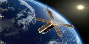 Satellite orbiting around Earth with Sun in the background
