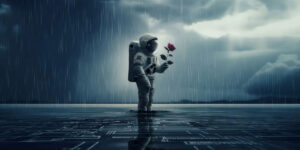 Redner of astronaut holding a rose in rainy weather