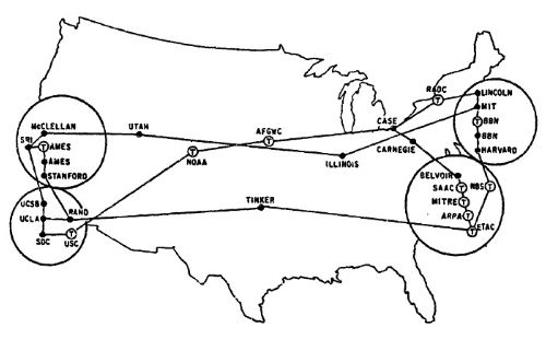 Map of the United States with the original ARPANET connections represented by lines and the spots it connected