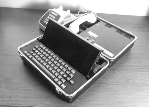 First Portable Remote-Access Terminal. Device with keyboard and screen.