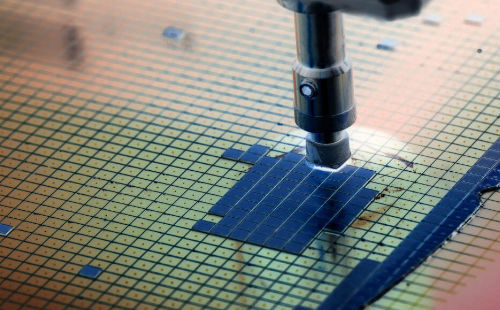 Close-up shot of a microchip wafer