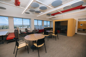 Interior view of office building with workspaces