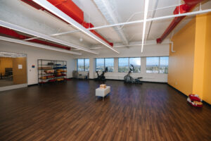 Office building interior with seating and workspaces