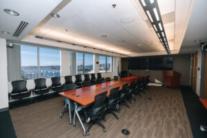 Interior view of an office building with seating and workspaces