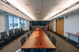 Modern office interior with workspaces and seating