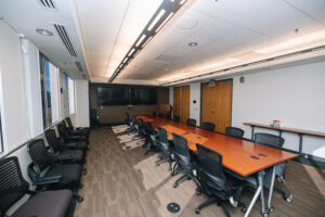 Interior view of office building with modern workspaces