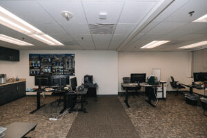 Interior view of an office building with seating area