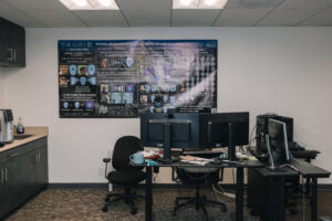 Office interior with workspaces and seating