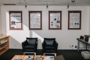 Interior view of an office building with workspaces and seating